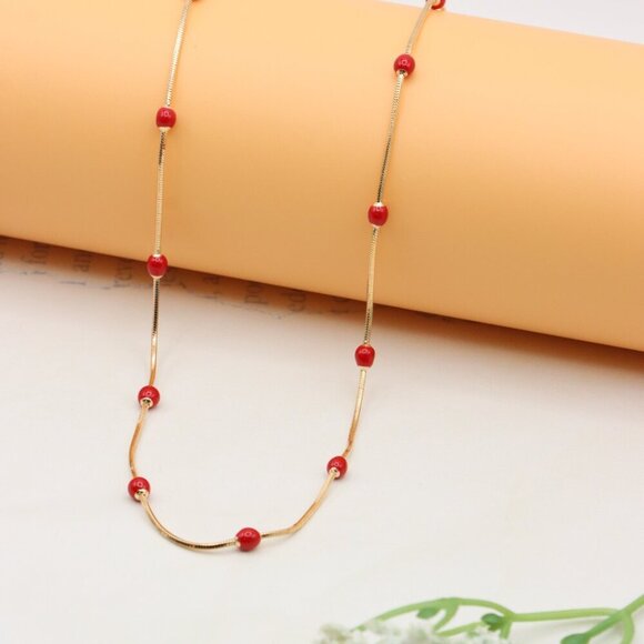 "Delicate Yellow Gold Plated Necklace with Red Beads, XPNL0302 - Picture 5 of 12